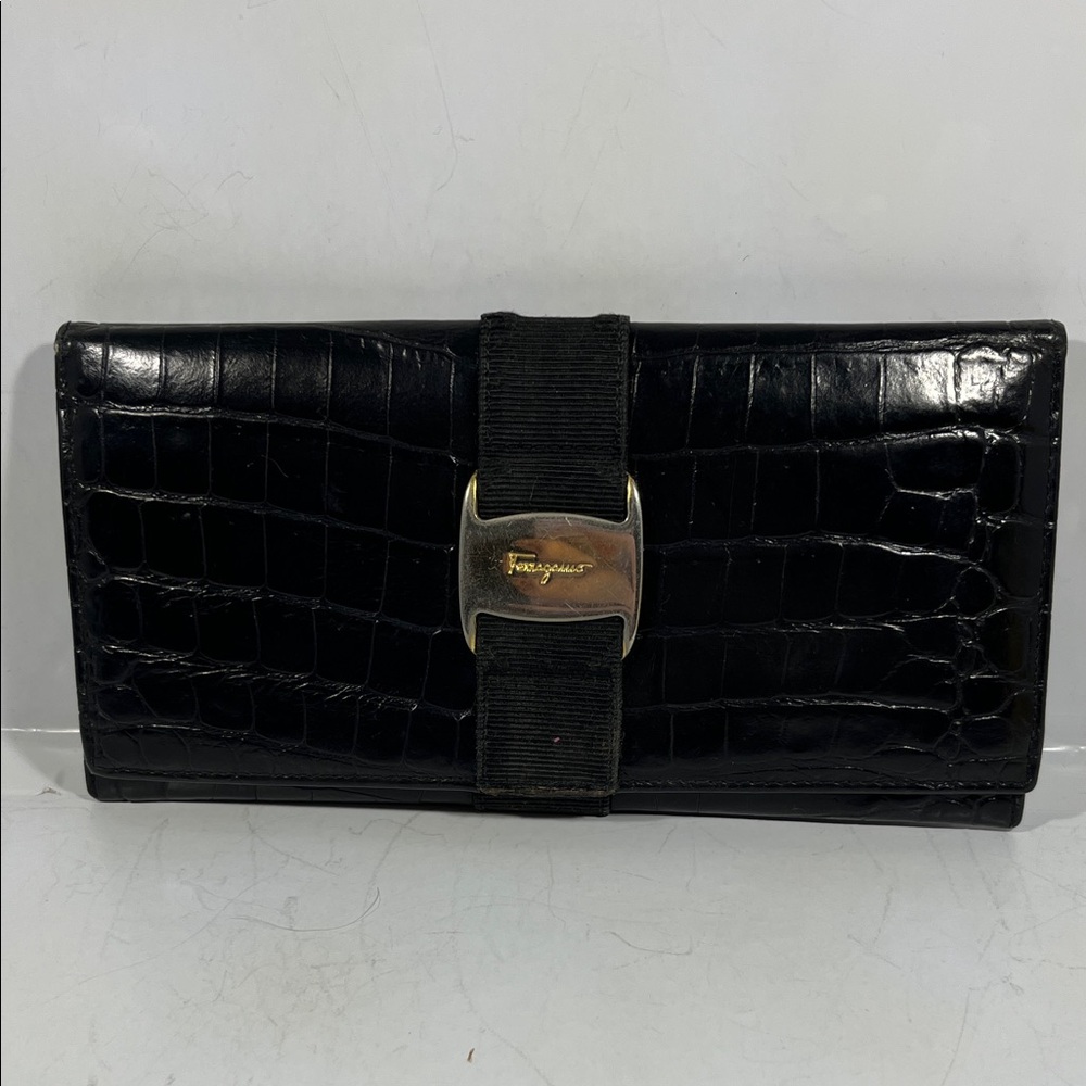 Salvatore Ferragamo Black Croc-Embossed Wallet